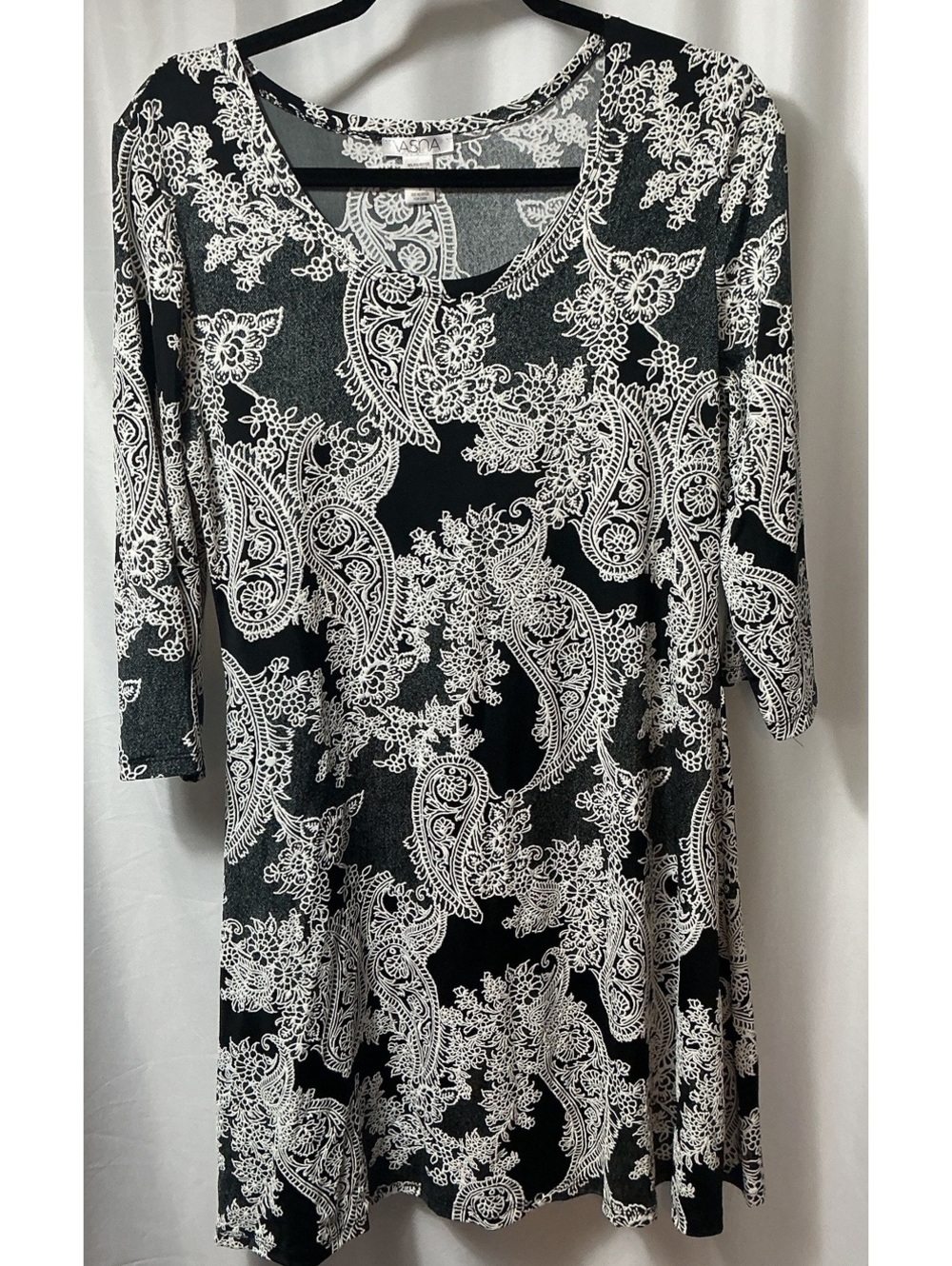 VASNA Women’s Small Black White Paisley Floral 3/4 Sleeve Tunic Dress boho work